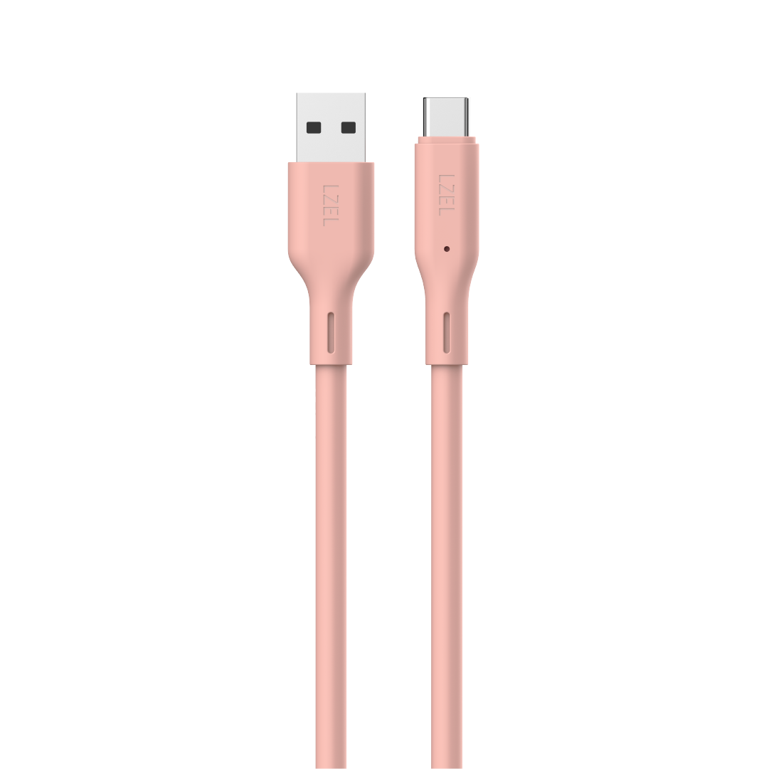 كيبل من Lzel نوع USB-A إلى USB-C 2.0، نقل بيانات بسرعة 480Mbps، طاقة 5V 3A، غلاف سيليكون سائل ناعم، هيكل TPE، طول 1 متر | وردي