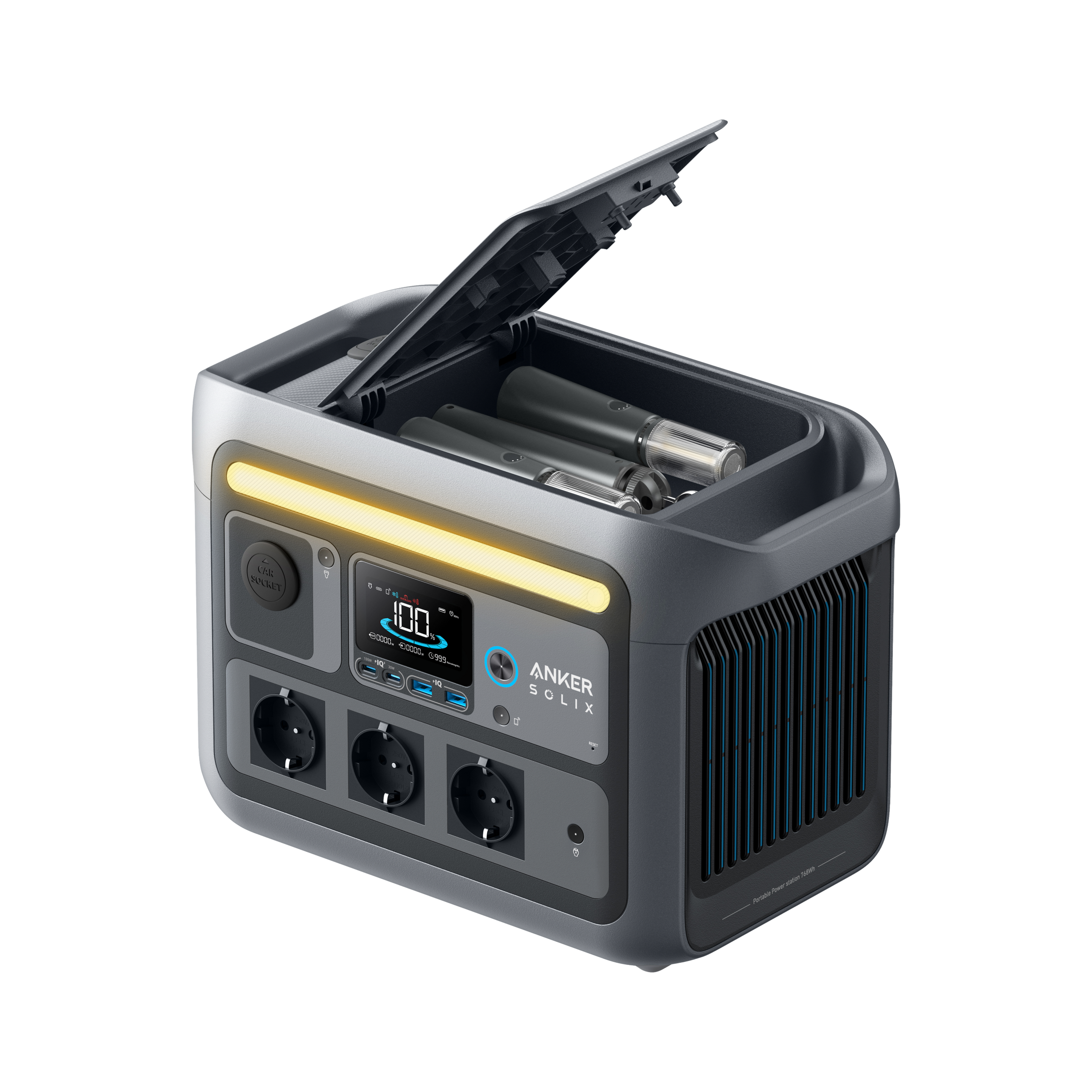 محطة طاقة محمولة Anker SOLIX C800 Plus (1200 واط / 768 واط في الساعة) مع أضواء تخييم
