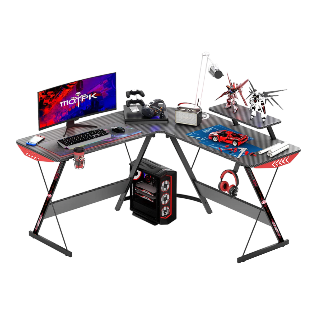 GAMEON L-Shaped Slayer I Series Gaming Desk (Size: 129*129*74cm & Table top 80*46cm) With Headset Hook, Cup Holder & Accessories Stand | Black