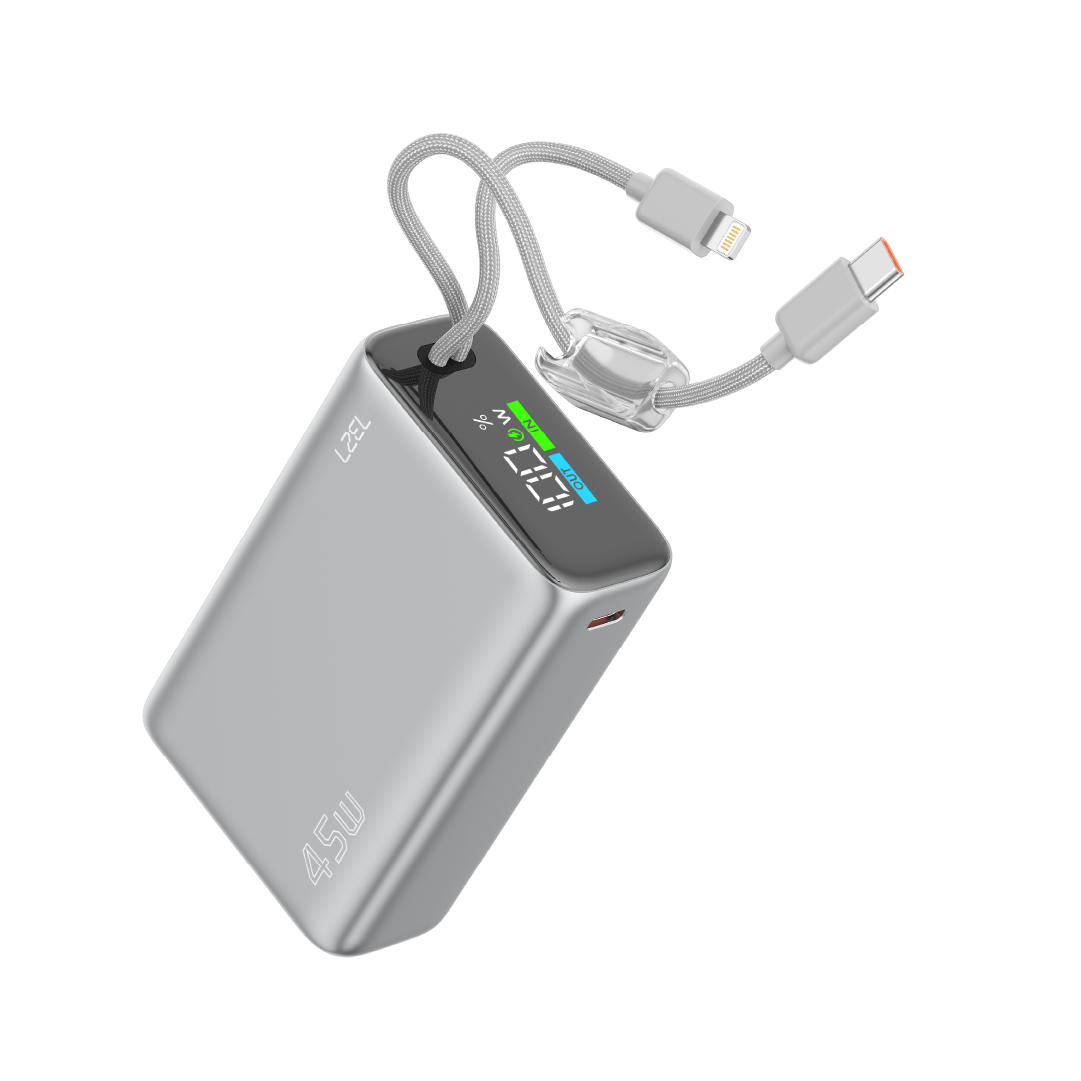 LZEL Neurode 20K Pd45W Mini Power Bank Pd3.0 & Qc3.0 | Usb-C Cable & Lighting Cable | Silver