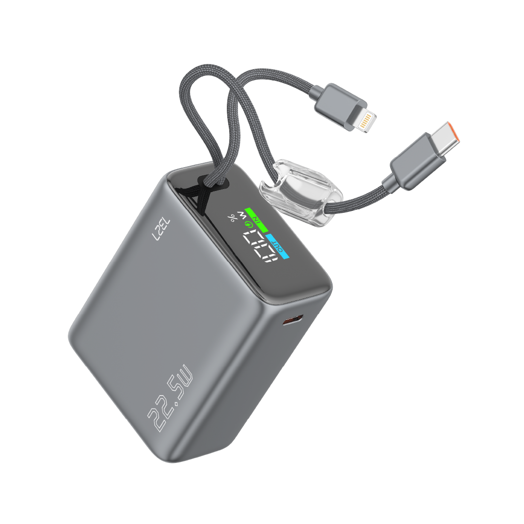 LZEL Neurovolt 15K Pd22.5W Mini Power Bank Pd3.0 & Qc3.0 | Usb-C Cable & Lightning Cable | Gray