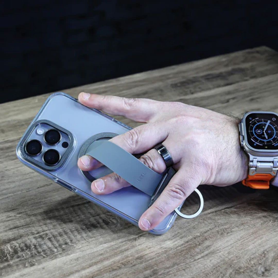 LZEL iPhone 15 Pro Primemag Grip Anti-drop Case With Metal Ring And Silicone Band | Clear/Gray