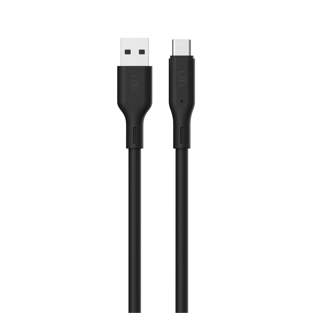 كيبل من Lzel نوع USB-A إلى USB-C 2.0، نقل بيانات بسرعة 480Mbps، طاقة 5V 3A، غلاف سيليكون سائل ناعم، هيكل TPE، طول 2 متر | أسود