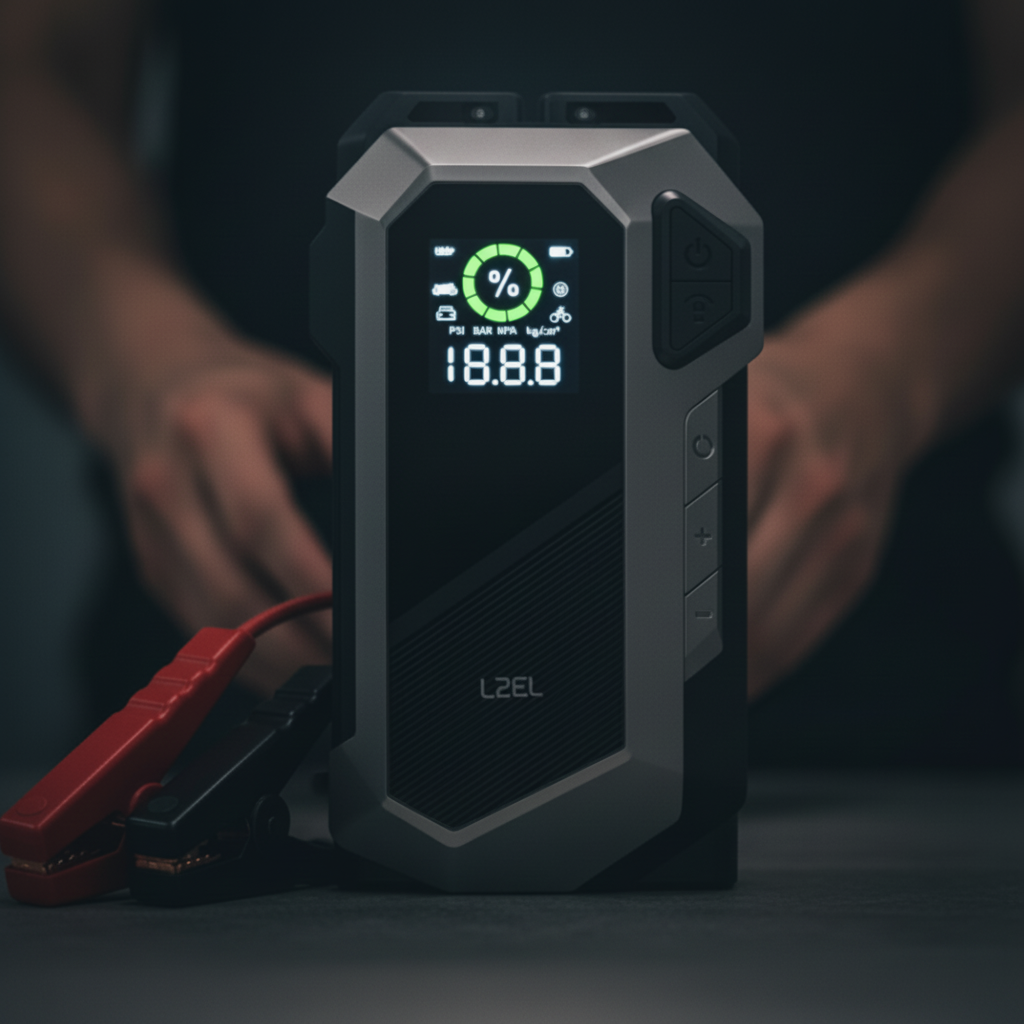 LZEL EnergizeIgnite X - 12,000mAh Car Jump Starter with LED Flashlight & Air Compressor |Gray/Black