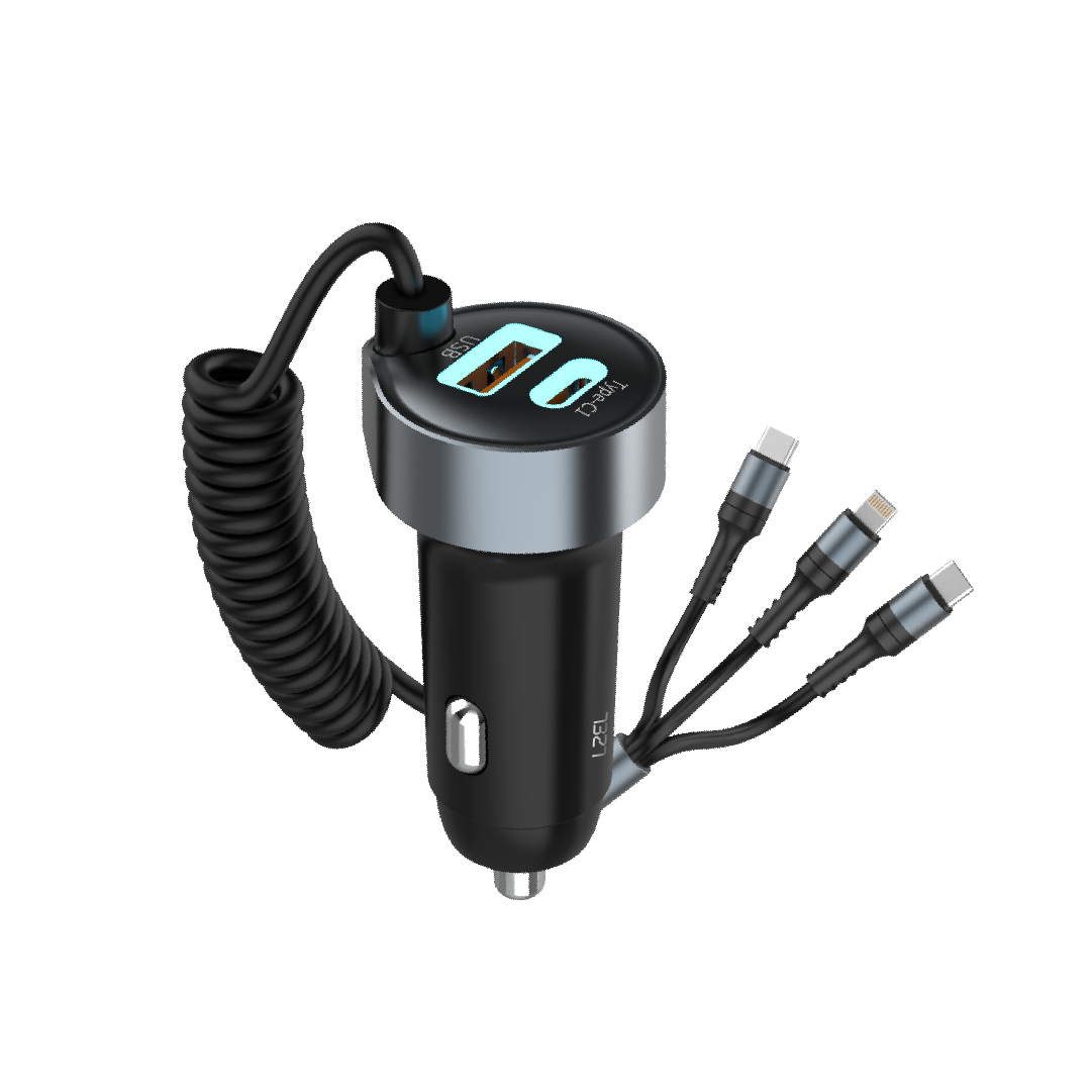 LZEL PulseCharge Pro3 50W Dual Port - USB C PD & USB A - Car Charger with Built in Cables