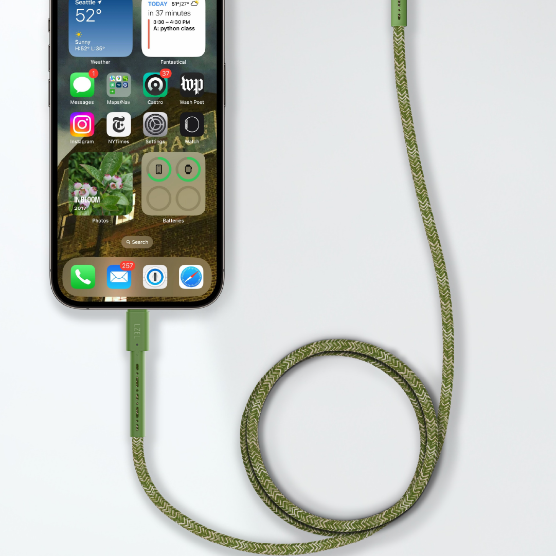 كيبل LZEL MFi معتمد USB-A إلى Lightning – 1 متر | شحن سريع 5V 3A، نقل بيانات 480Mbps، مقاوم للانحناء 150,000+، غلاف TPE مضفر متين | أخضر