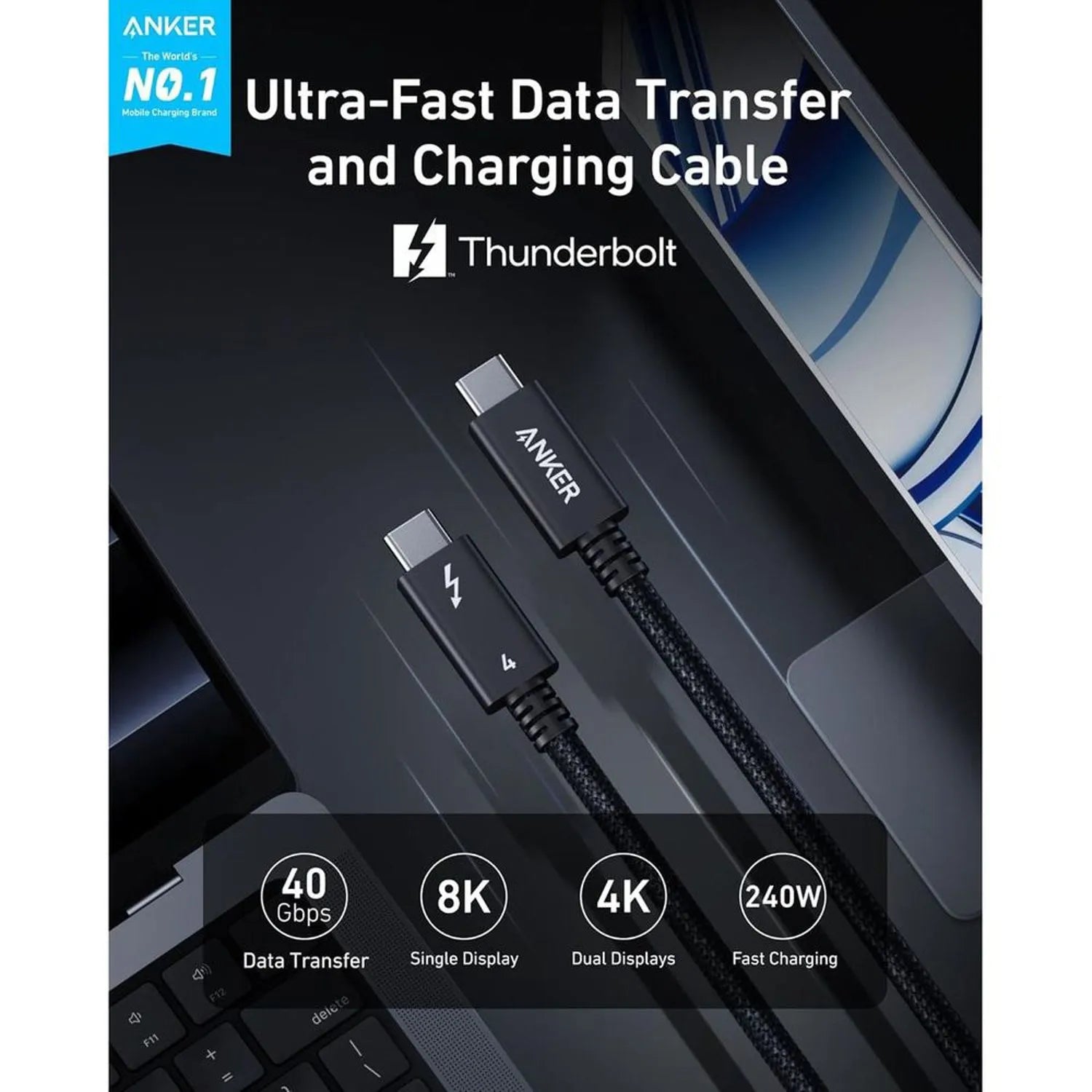 Anker Prime Thunderbolt 4 USB-C to USB-C Cable (3.3 ft / 1m, 240W, 40Gbps) | Black