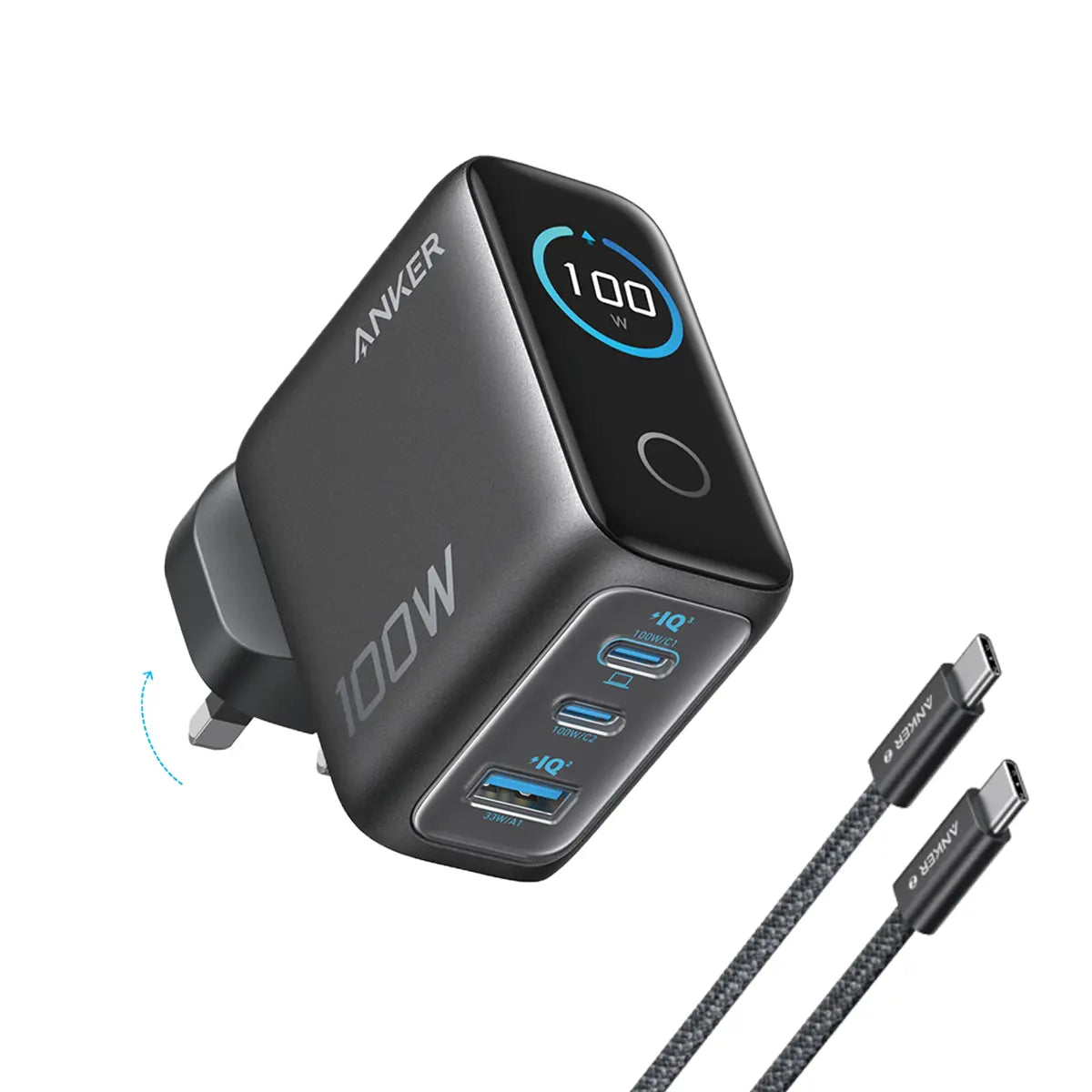 شاحن Anker GaN بقوة 100 واط مع شحن سريع PD وثلاثة منافذ USB-C | رمادي
