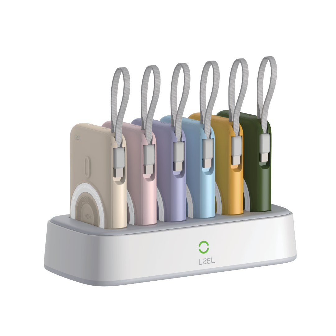 LZEL HexaEnergia Station 6x Wireless Powerbank Charging Dock | 10000mAh Full Battery | Built-in Cable | White