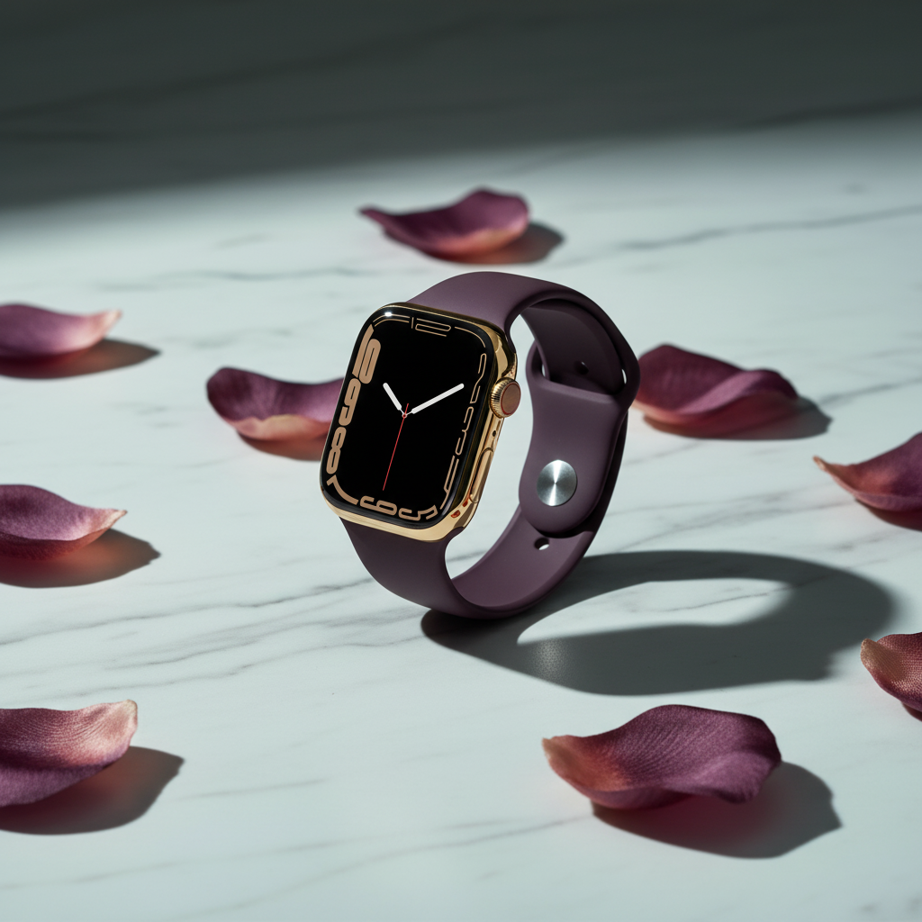 ساعة Apple Watch Series 7 (GPS + Cellular) مقاس 45 مم – هيكل ستانلس ستيل ذهبي مع سوار رياضي Dark Cherry