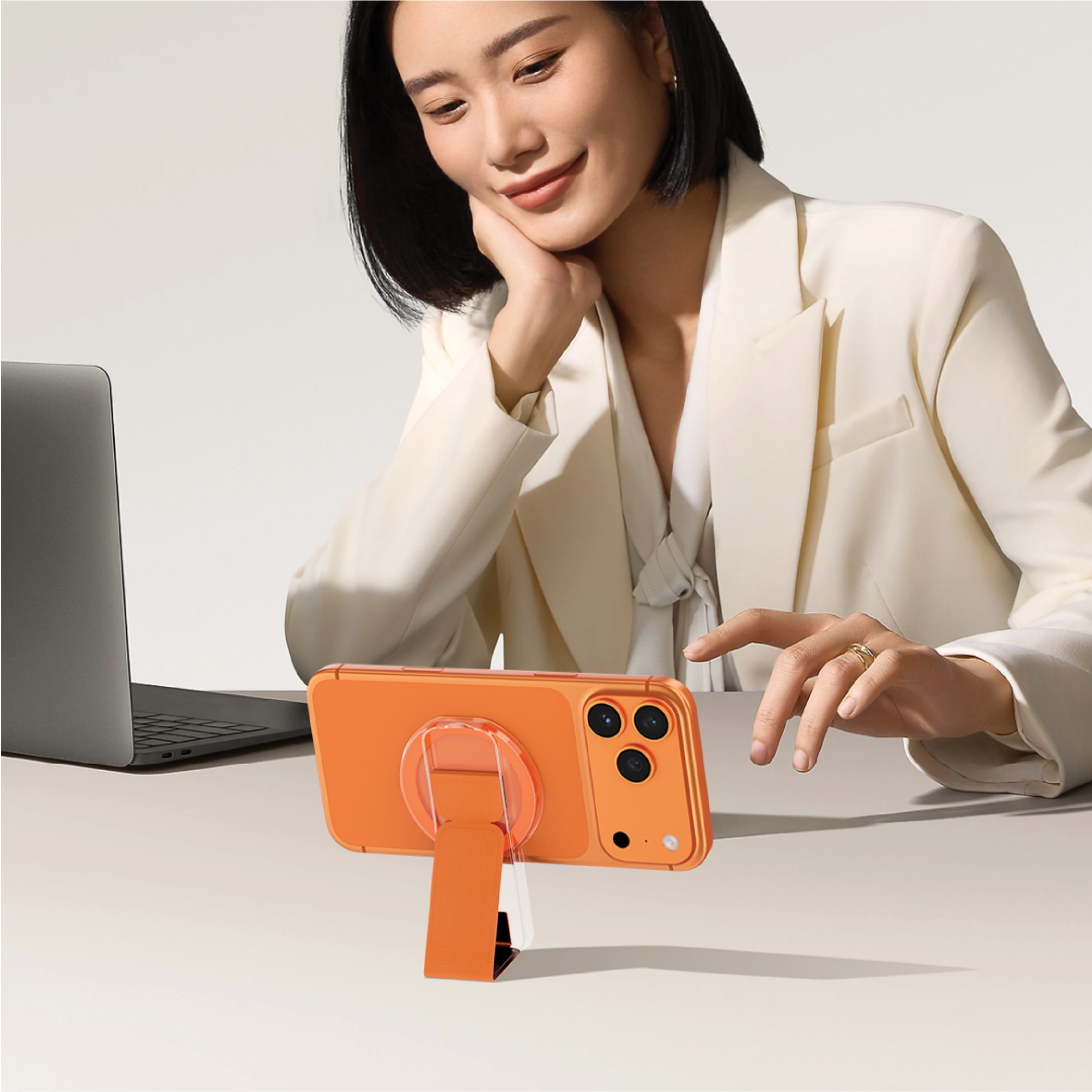 ASLI Magnetic Band Leather Grip & Foldable Stand 2-in-1 Functional Design | Orange