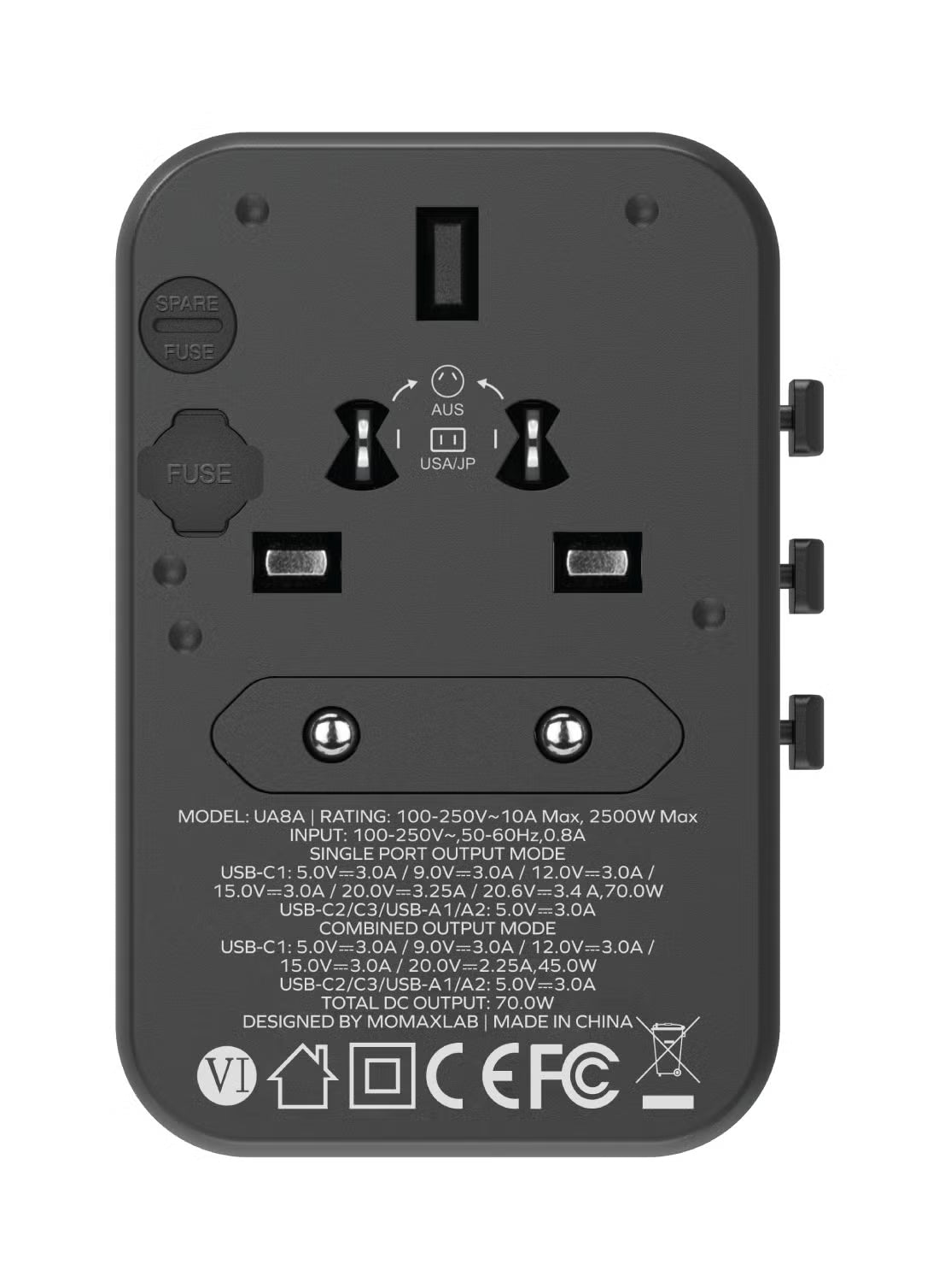 Momax 1- World 70W GaN 5 ports + AC Travel Adapter Titanium