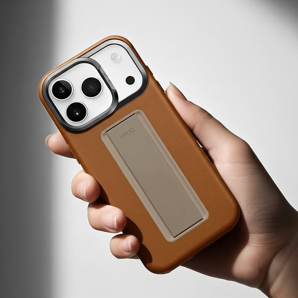 UNIQ Hybrid Heldro Pro MagClick Case with Camera Stand for iPhone 17 Pro Max | Caramel
