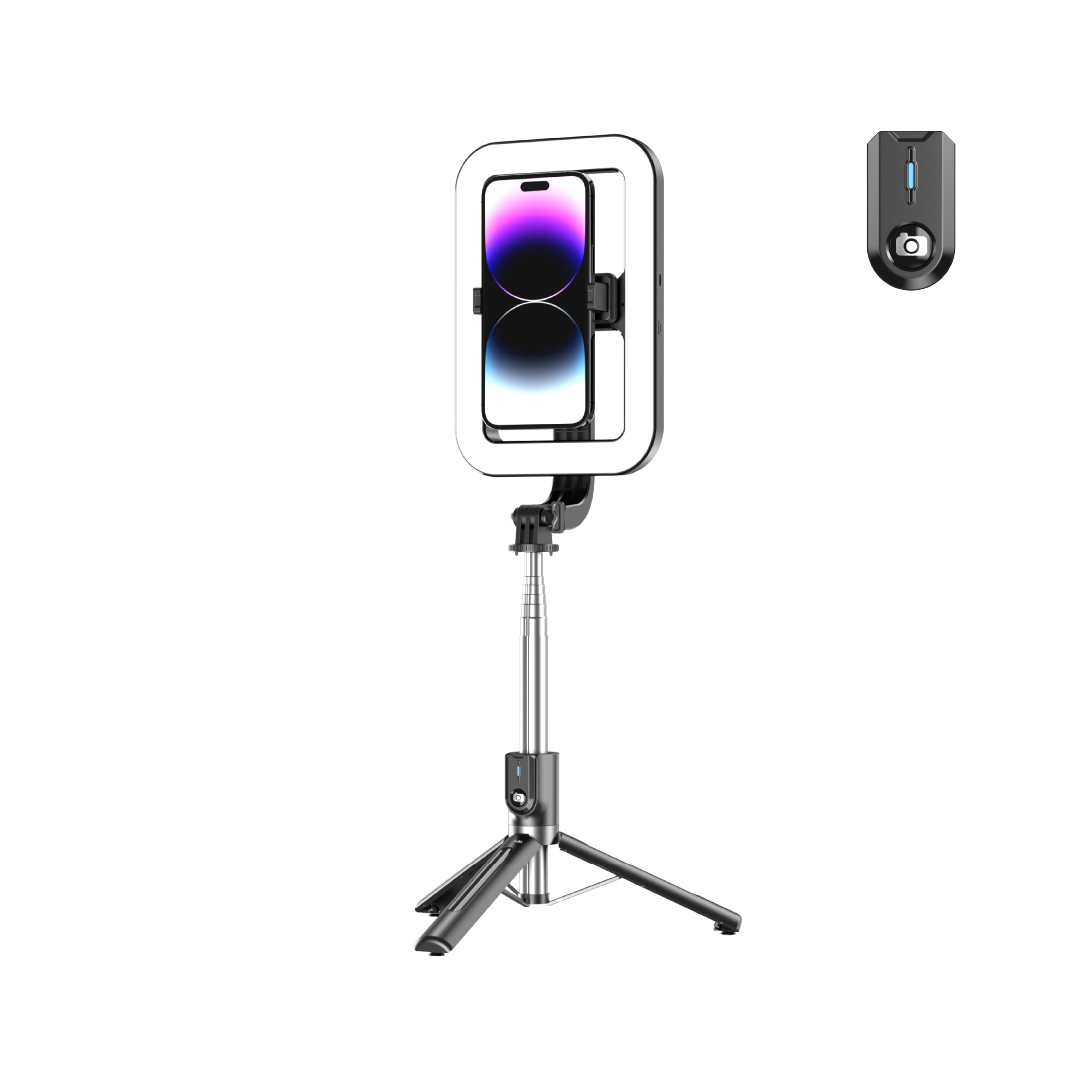 LZEL LensSnap Series عصا سيلفي 3 في 1 مع حامل ثلاثي وإضاءة حلقية | أسود