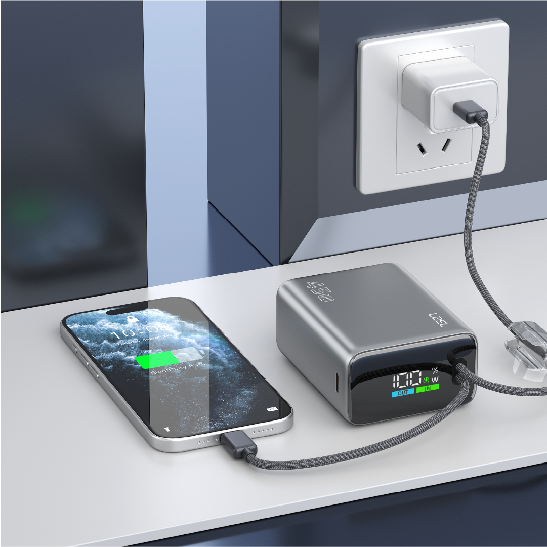 LZEL Neurovolt 15K Pd45W Mini Power Bank Pd3.0 & Qc3.0 | Usb-C Cable & Lightning Cable | Gray