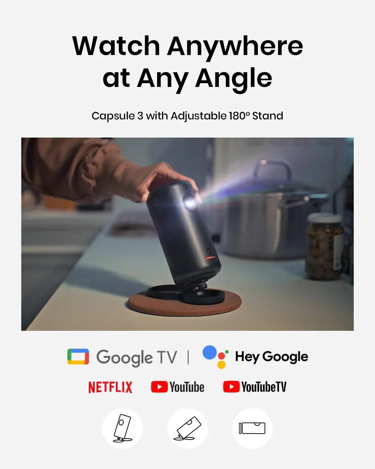 بروجيكتور نيوبولا كابسول 3 ليزر المحمول 1080p مع Google TV، صوت Dolby Audio وبطارية تدوم 2.5 ساعة | أسود