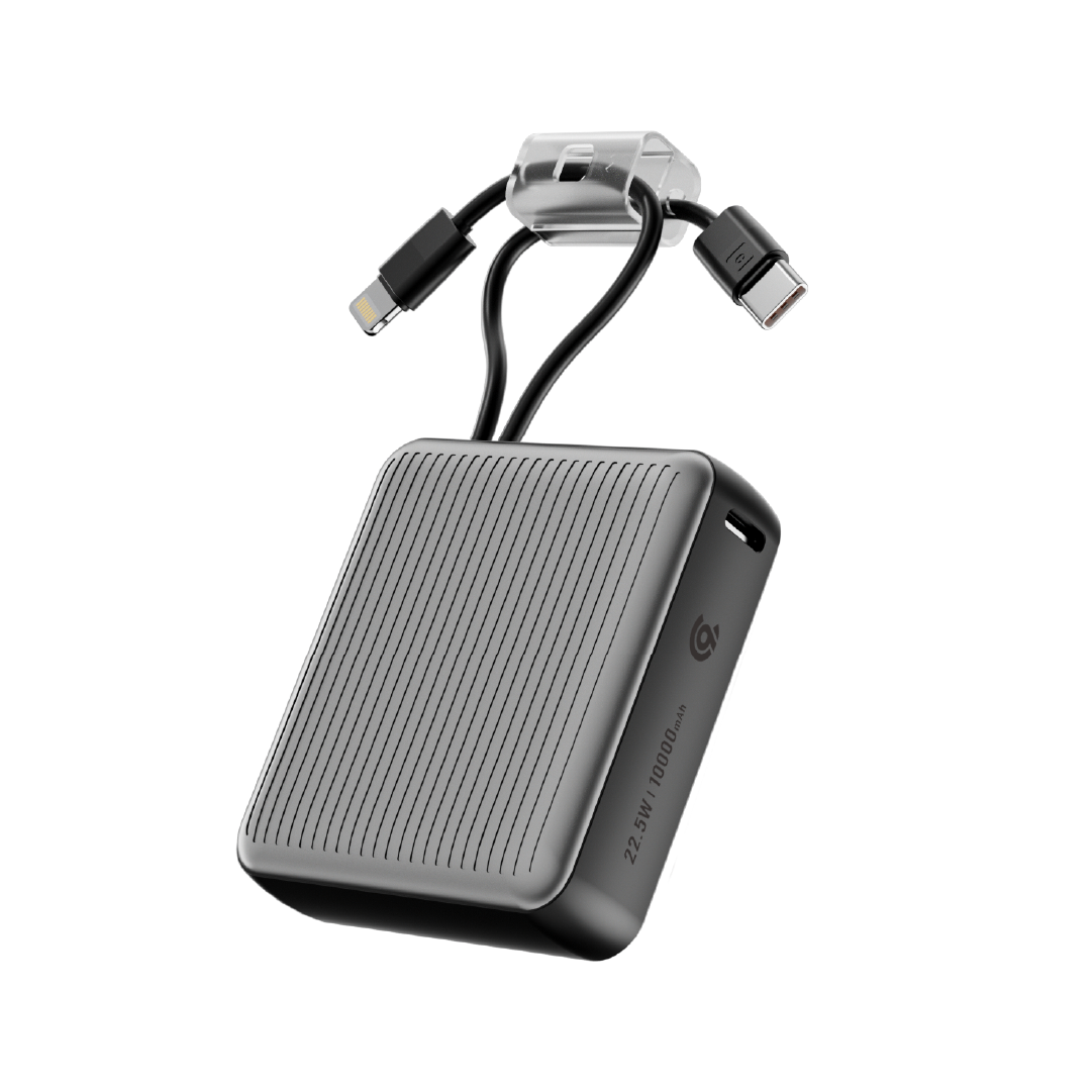 باور بانك من 90% percent بسعة 22.5 واط، مزود بكابلين مدمجين | Usb-C & Lightning | رمادي