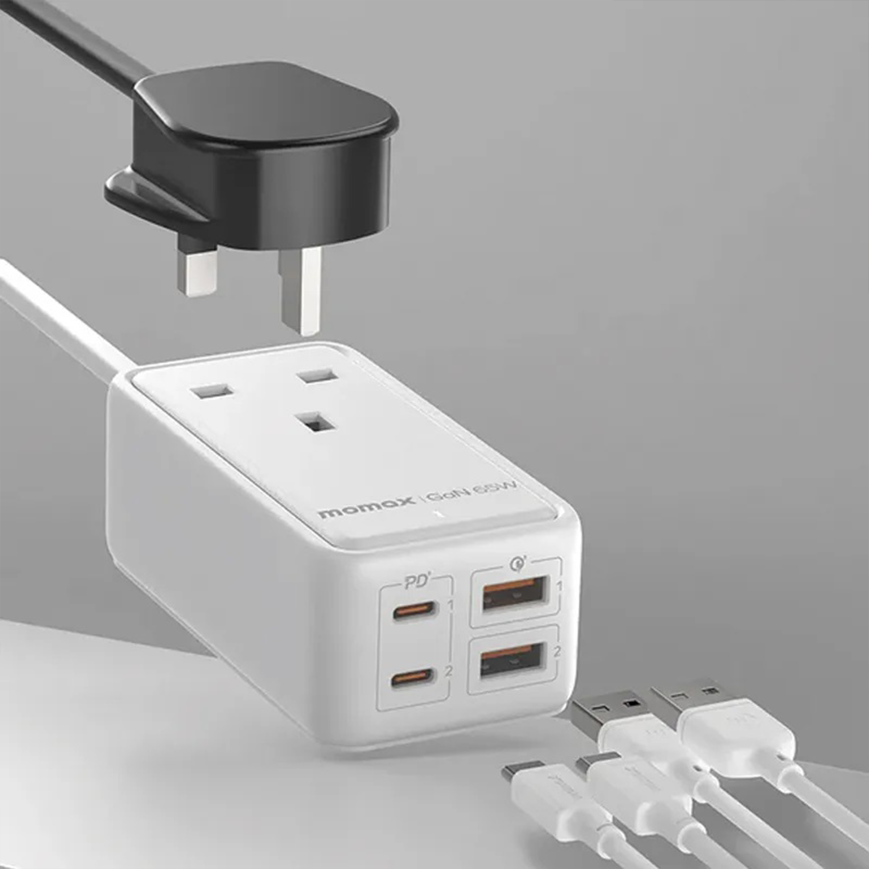 Momax Oneplug 65w Gan Extension Cord With Usb | White