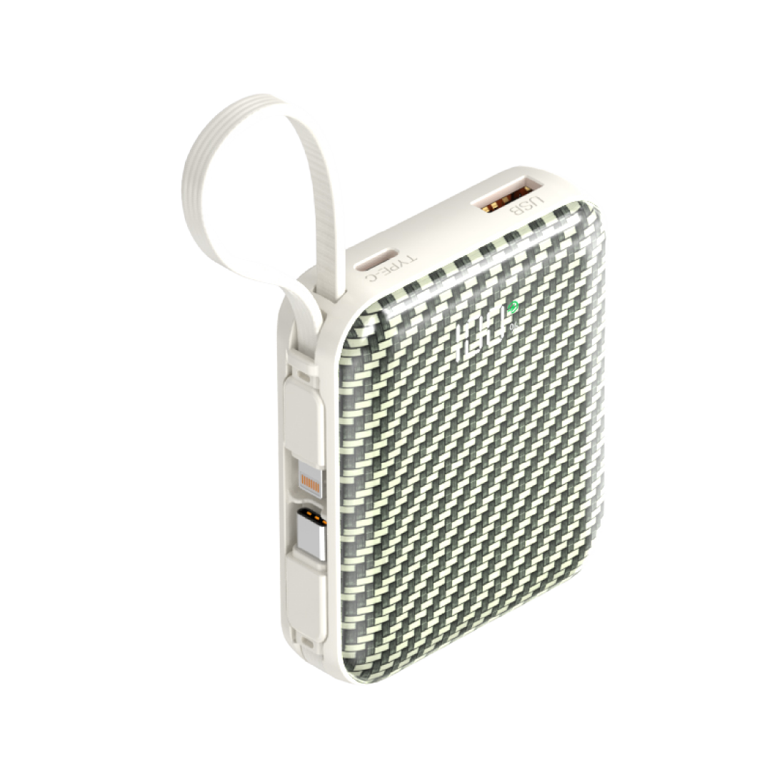 Asli ChargeFlux Mini بطارية متنقلة 10000 مللي أمبير مع كابلي USB-C وLightning مدمجين، شحن سريع PD بقدرة 35 واط | أخضر
