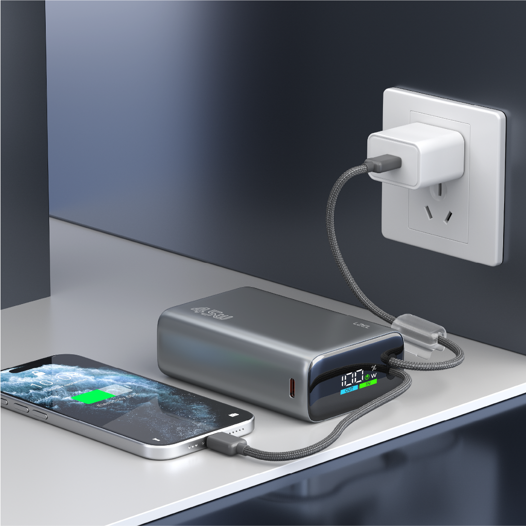 LZEL Neurode 20K Pd45W Mini Power Bank Pd3.0 & Qc3.0 | Usb-C Cable & Lighting Cable | Gray