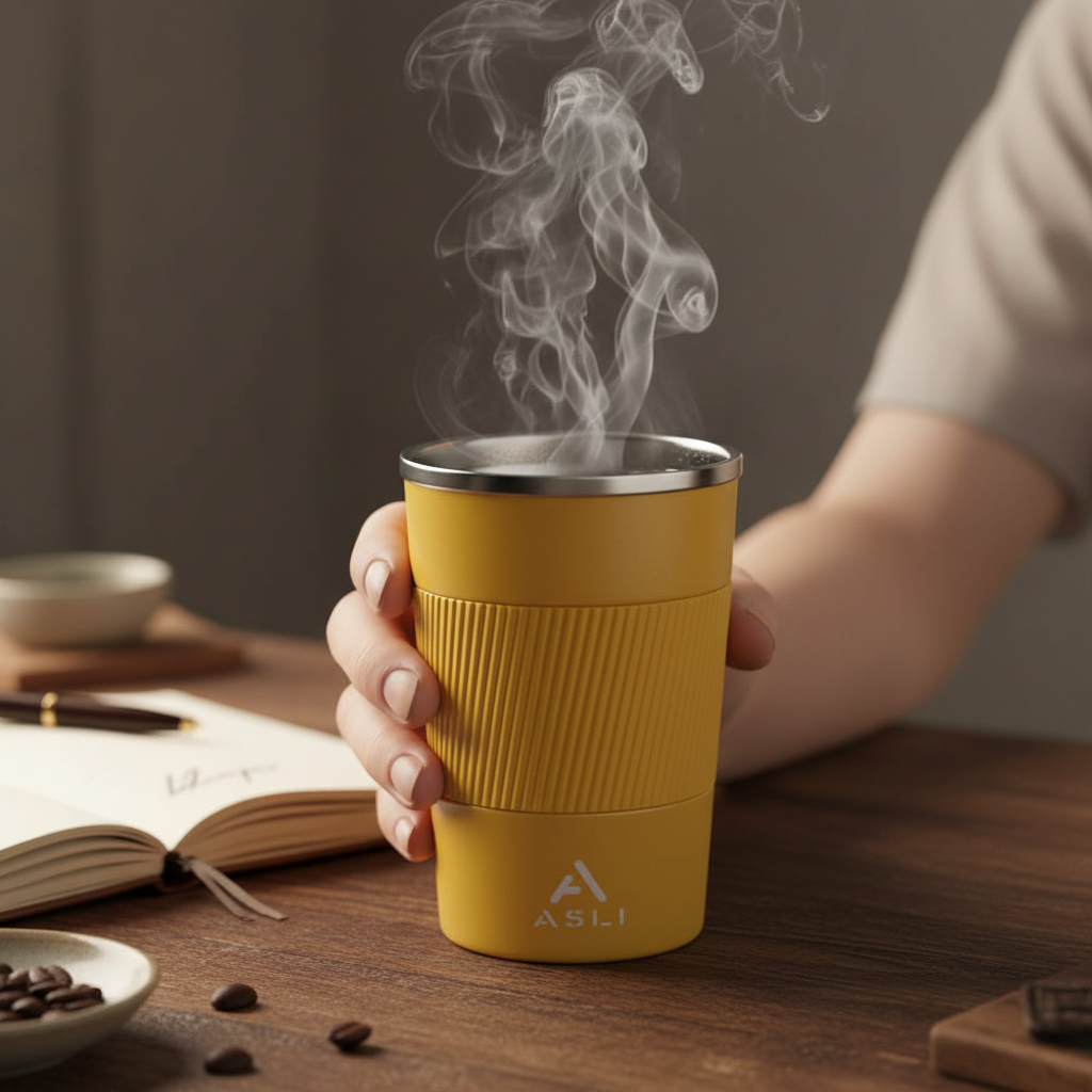 Asli Global 380ML Stainless steel Heat & Cold Insulation Mug With Non-slip Case | Yellow