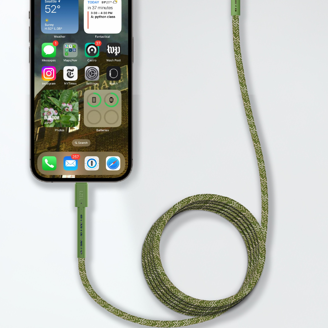 كيبل LZEL MFi معتمد USB-A إلى Lightning – 2 متر | شحن سريع 5V 3A، نقل بيانات 480Mbps، مقاوم للانحناء 150,000+، غلاف TPE مضفر متين | أخضر