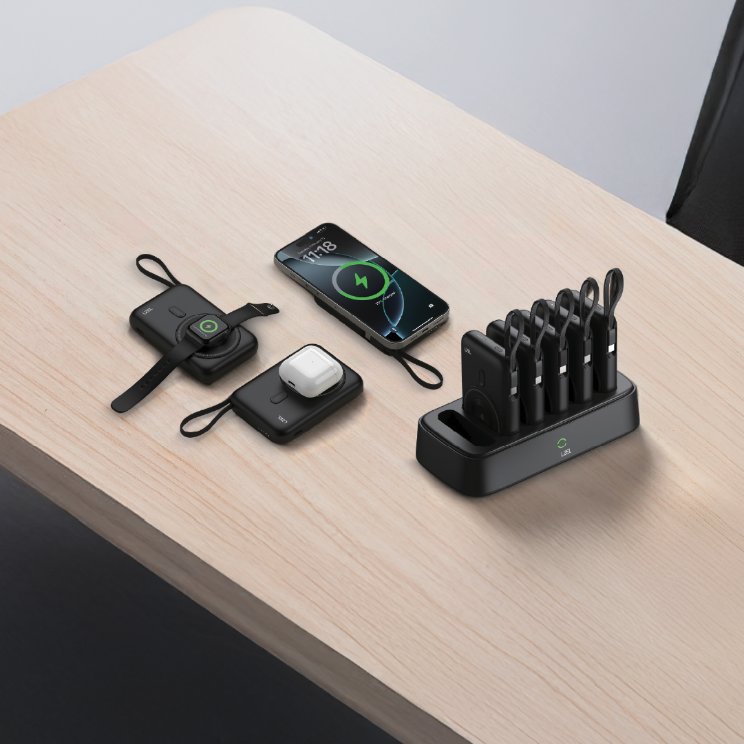 LZEL HexaEnergia Station 6x Wireless Powerbank Charging Dock | 10000mAh Battery | Built-in Cable | Black