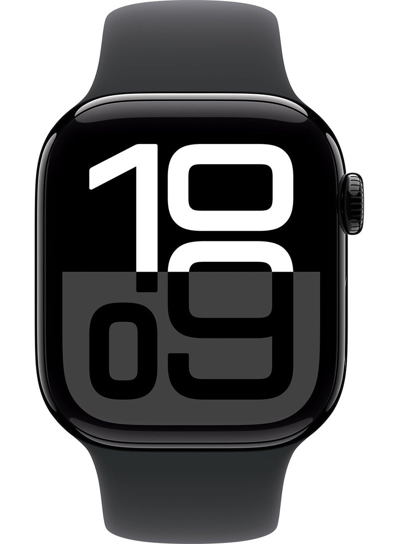 ساعة Apple Watch Series 10 - GPS + Cellular - مقاس 46 ملم - بهيكل من الألومنيوم بلون أسود مع سوار رياضي أسود مقاس S/M