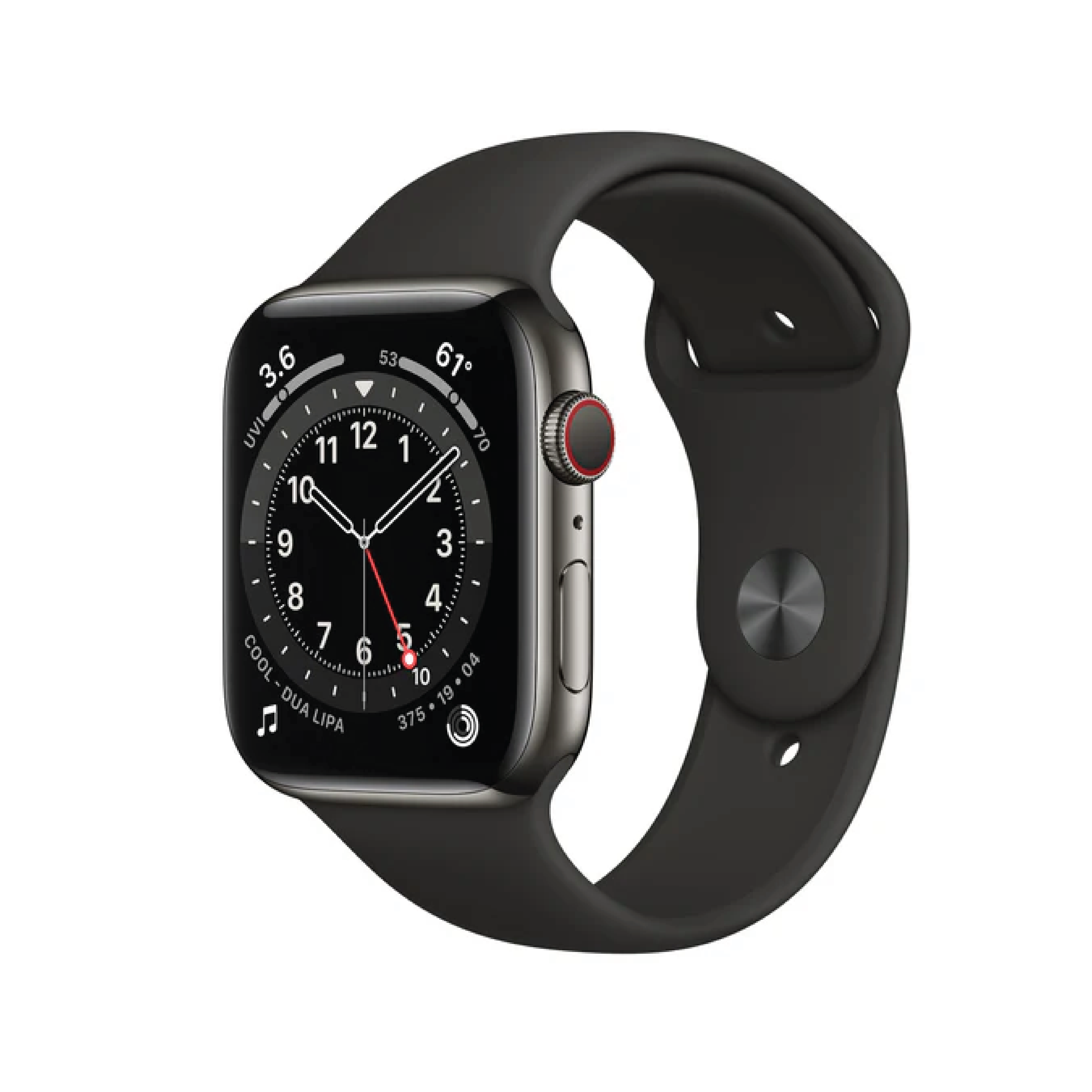 Apple Watch Series 6 GPS + Cellular, 44mm Graphite Stainless Steel Case with Black Sport Band - Regular