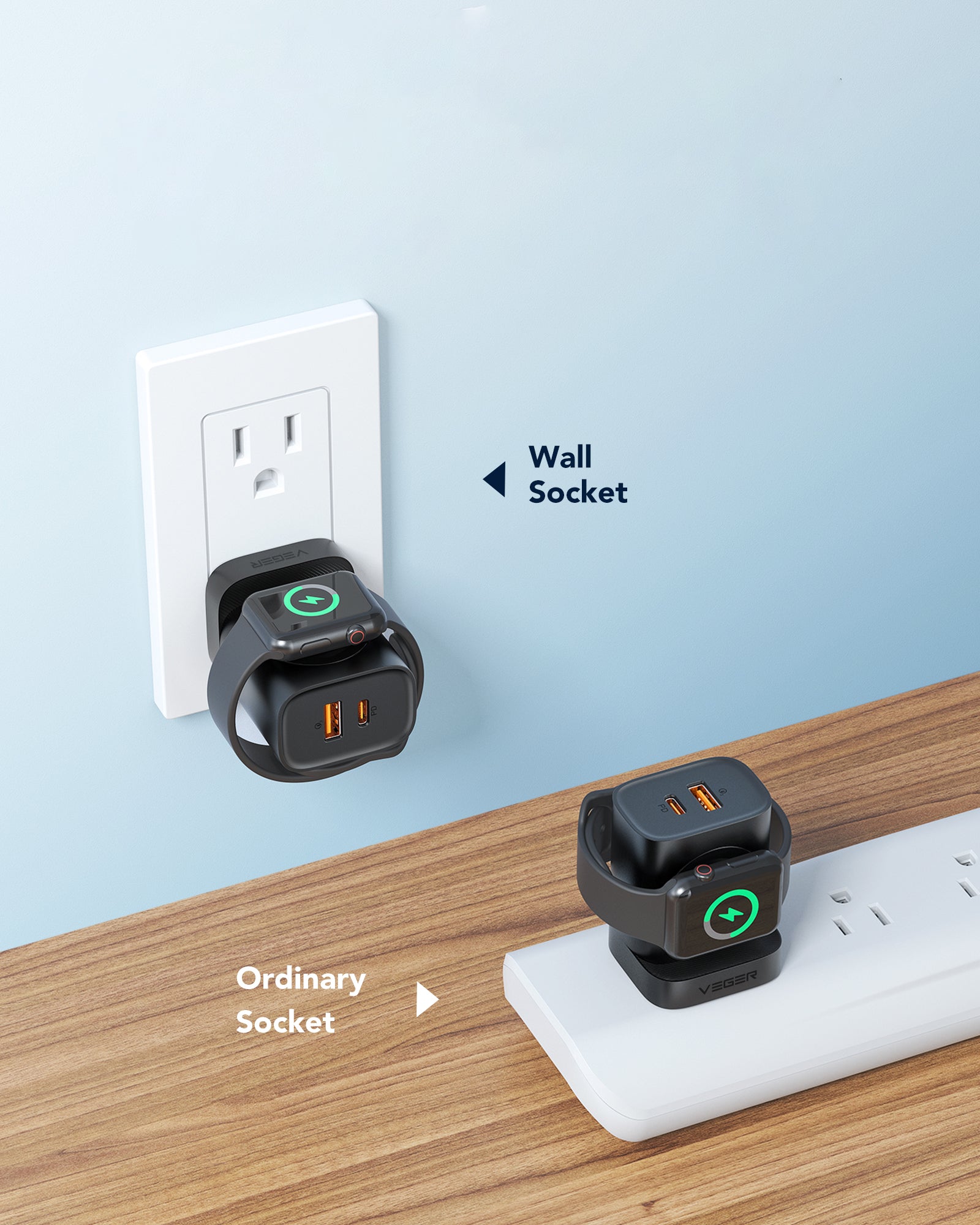 شاحن حائط فائق السرعة من أسلي جلوبال بتقنية  GaN PD,مع شاحن ساعة لاسلكي شحن ثلاثي 20 واط  | أسود