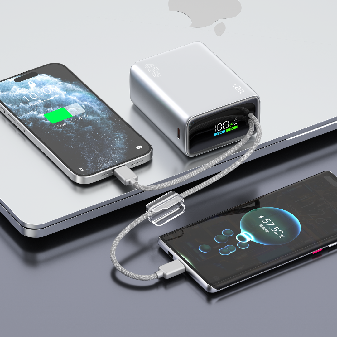 LZEL Neurovolt 15K Pd45W Mini Power Bank Pd3.0 & Qc3.0 | Usb-C Cable & Lightning Cable | Silver