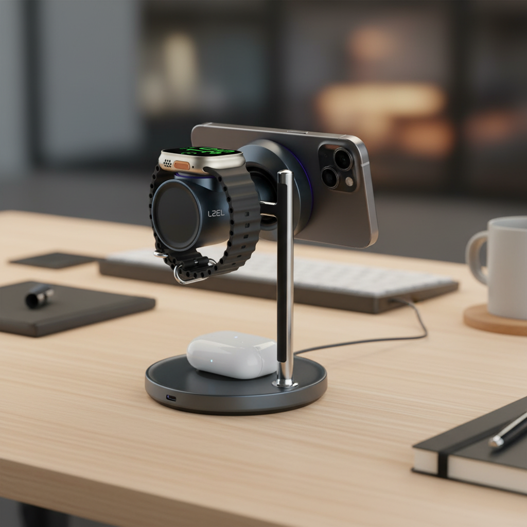 LZEL FlexDock Series 3-in-1 Magnetic Desktop Wireless Charger | Black