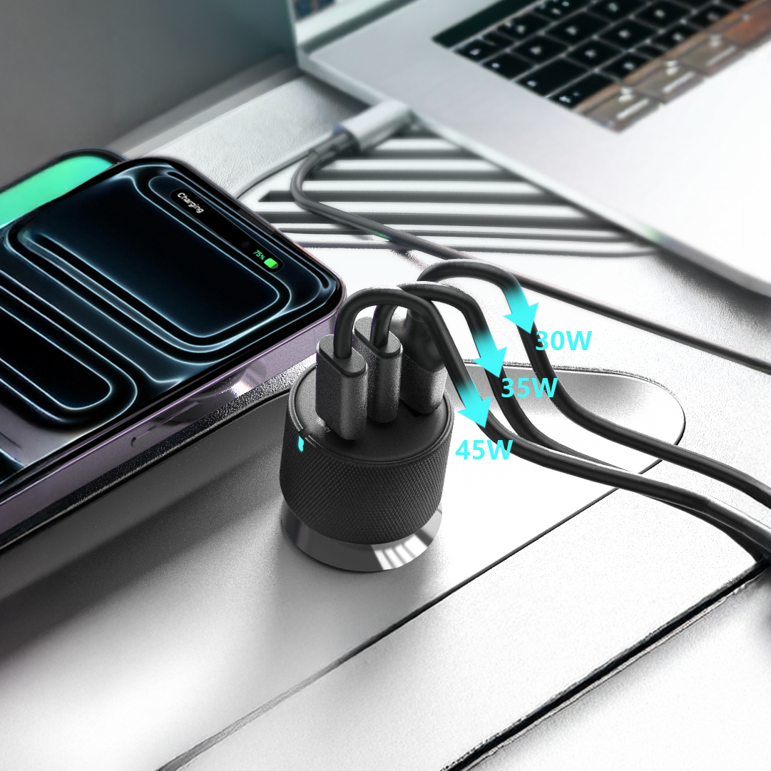 LZEL PulseCharge Max 80W 3-Port Car Charger – Dual USB-C PD & USB-A QC