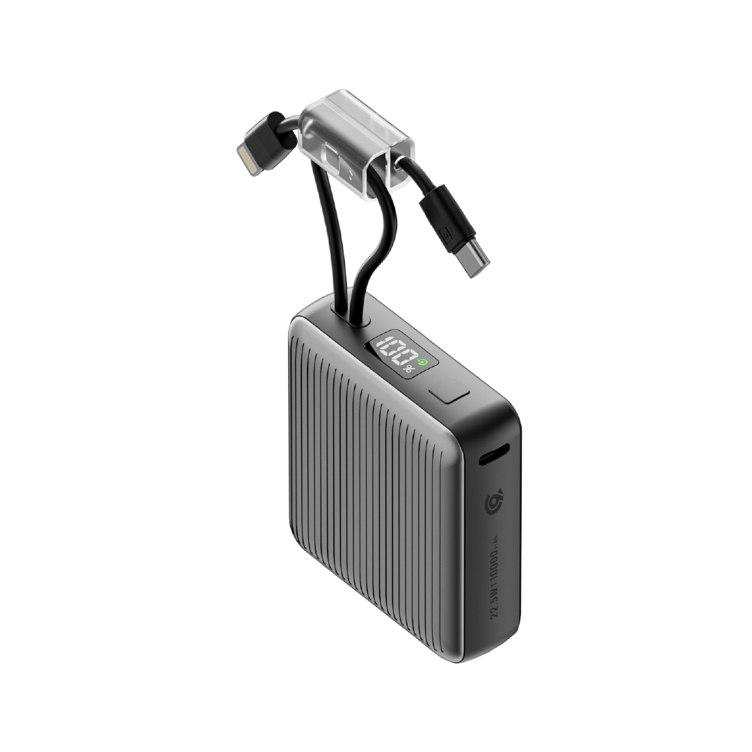باور بانك من 90% percent بسعة 22.5 واط، مزود بكابلين مدمجين | Usb-C & Lightning | رمادي