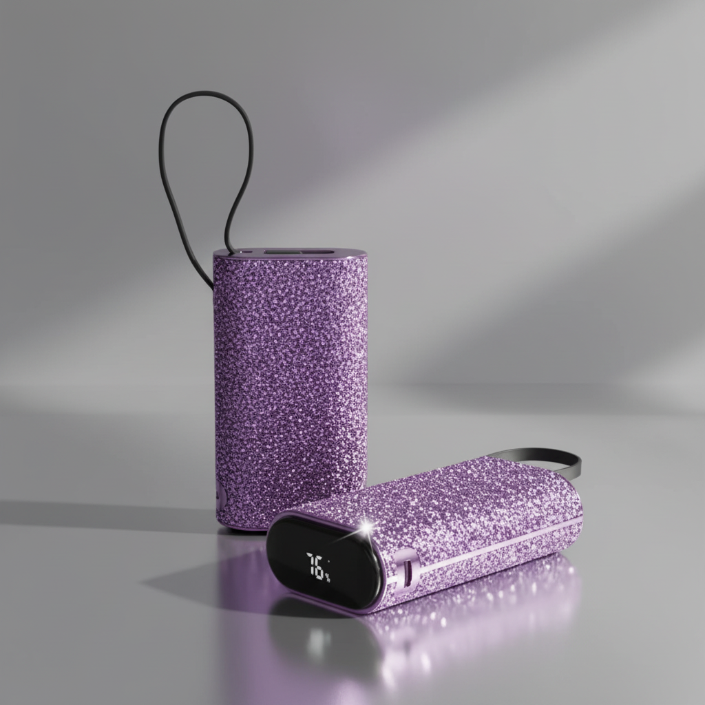 Asli Global 10000mAh Power Pod Luxe Shinning Diamond Power Bank with Built in Cable | Purple