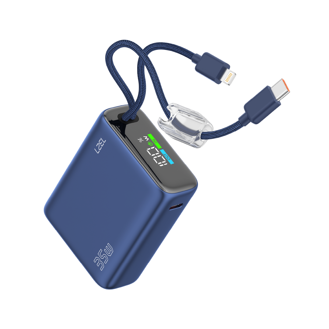  باور بانك من Lzel Neurovolt 10K PD 35W مع كابلات USB-C وLightning | أزرق