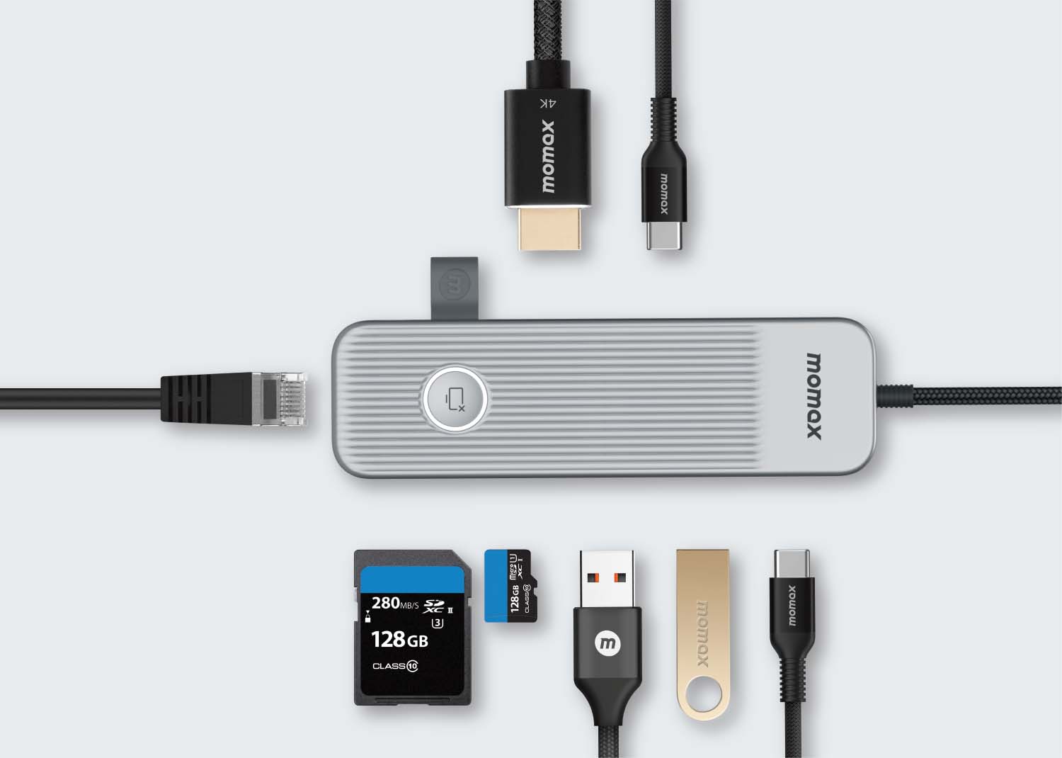 محوّل Momax OneLink متعدد الوظائف 8 في 1 بمنفذ USB-C | تيتانيوم