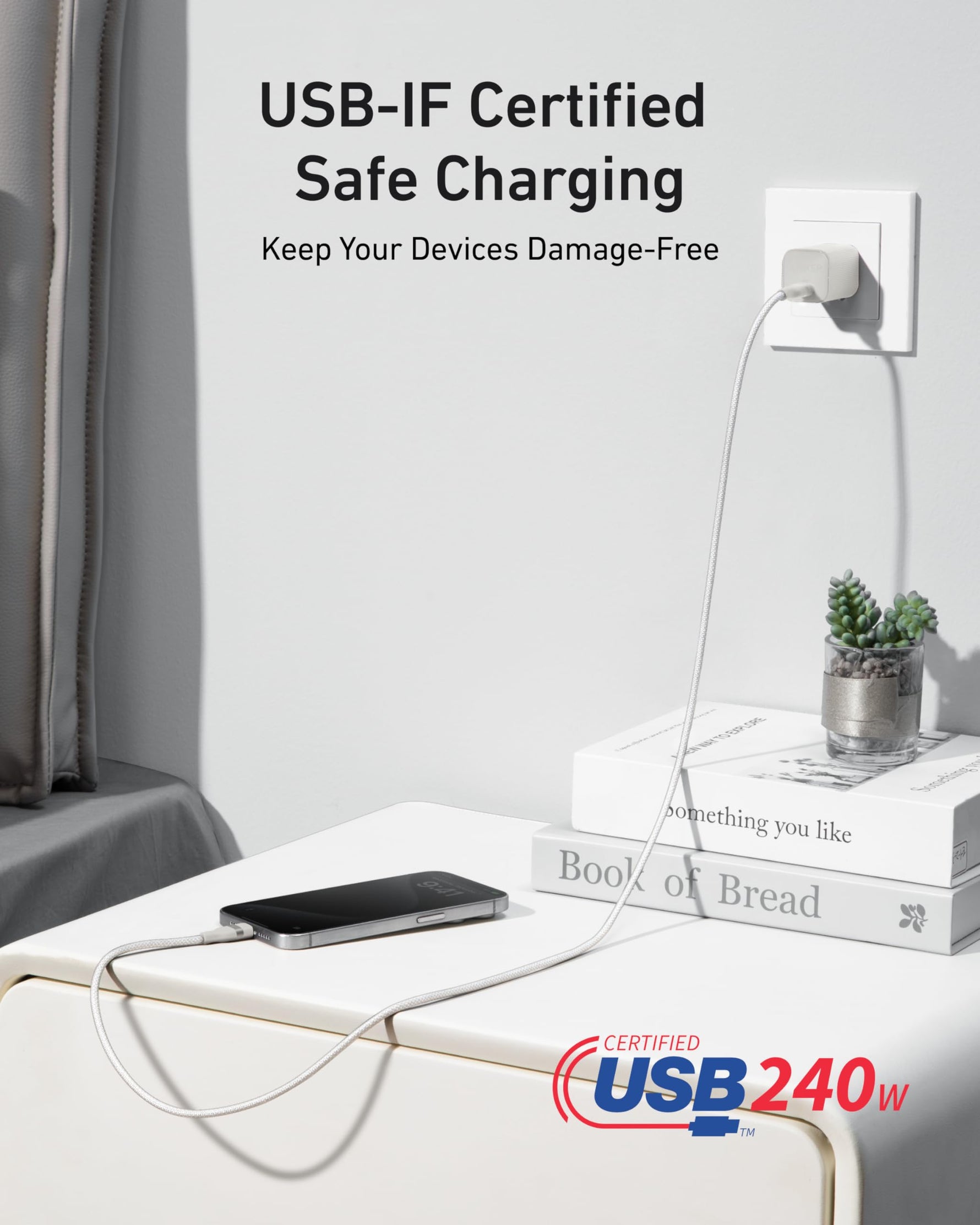 كيبل أنكر USB-C إلى USB-C بقدرة 240 واط – مضفر معاد التدوير للشحن السريع بطول 0.9 متر (3 أقدام)| أبيض