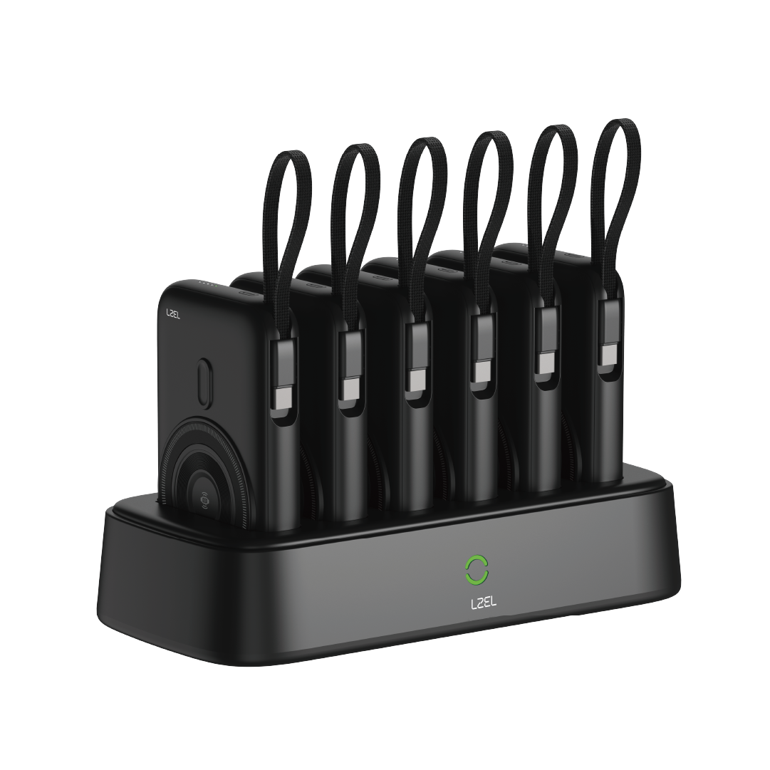 LZEL HexaEnergia Station 6x Wireless Powerbank Charging Dock | 10000mAh Battery | Built-in Cable | Black