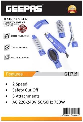 Geepas 6-in-1 Hair Styler – 750W, 2 Speeds, Cool Function