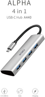 WiWU Alpha محول  4 في 1 بمنفذ USB-C طراز A440 و هيكل من سبائك الألومنيوم مع 4 منافذ USB 3.0 | فضي
