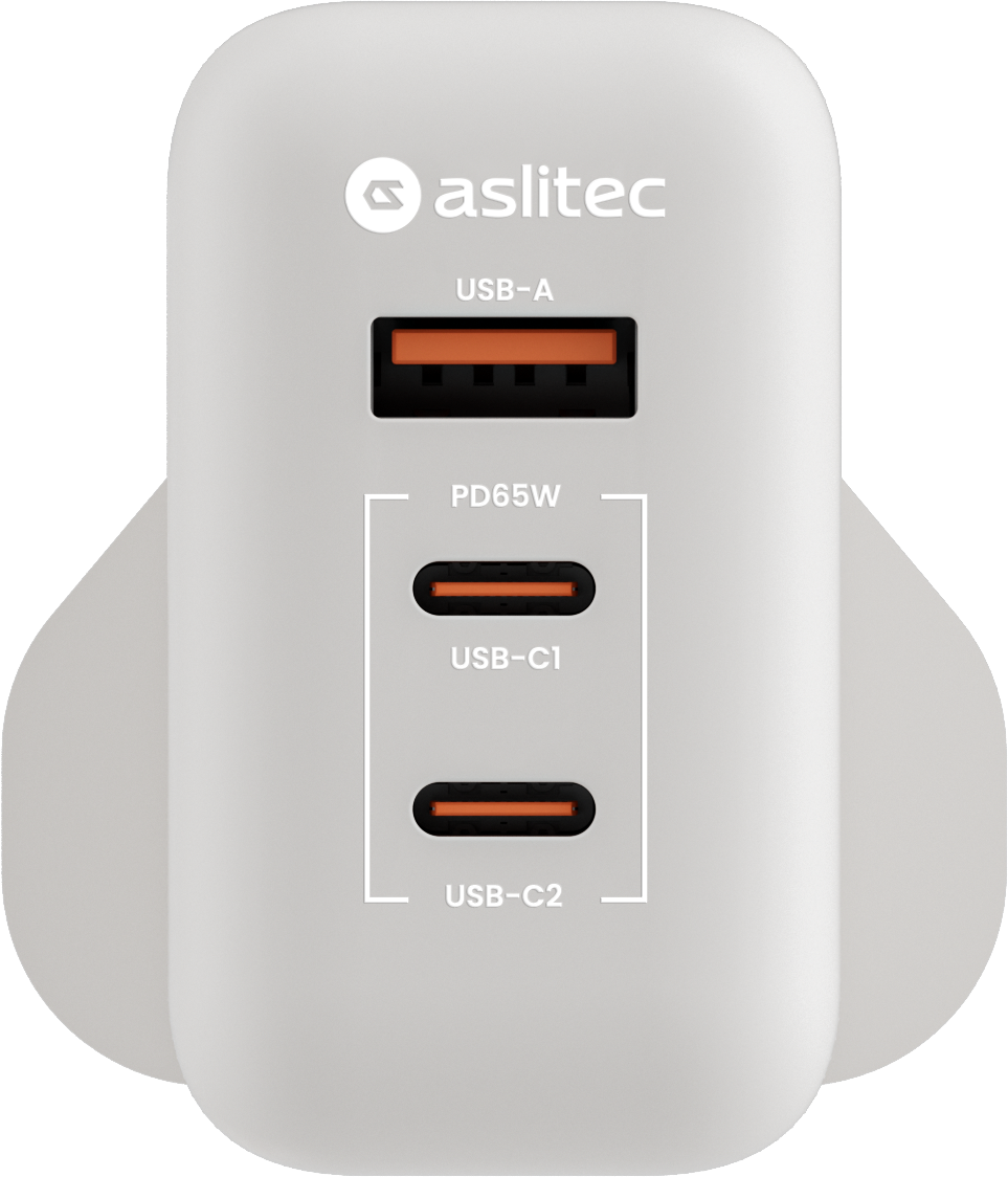 شاحن aslitec VexoraGaN بقدرة 65 واط – شاحن GaN مدمج بثلاثة منافذ USB-A وUSB-C مزدوج