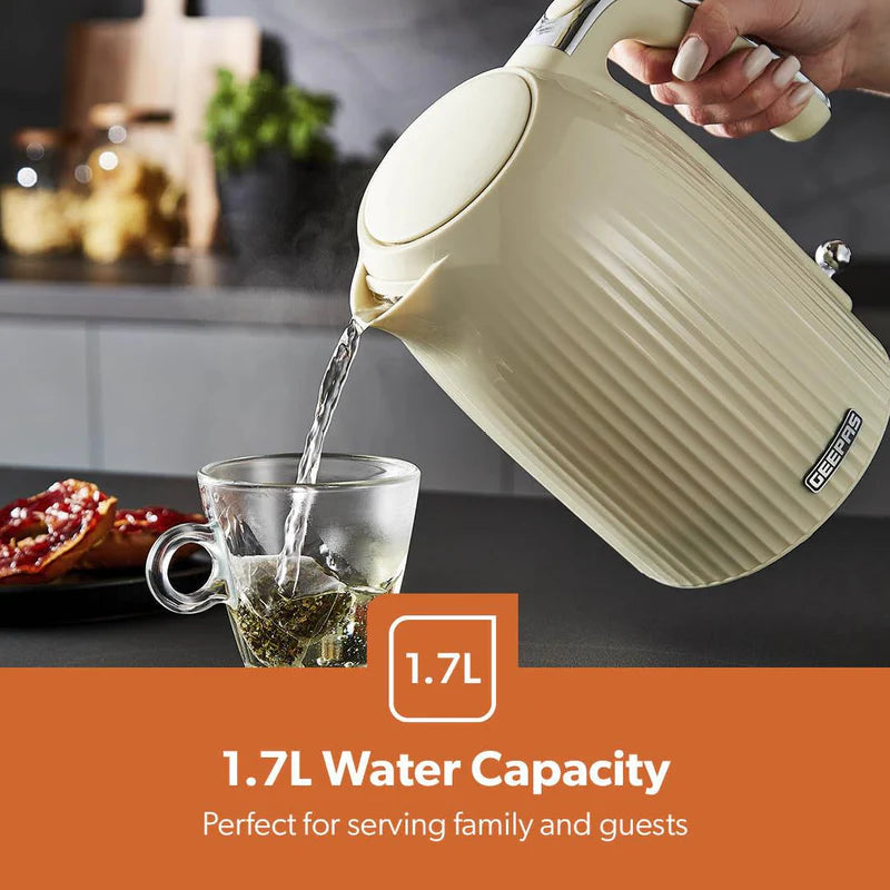 Geepas 1.7L Electric Jug Kettle – 360° Rotation, Auto Shut-Off, Removable Filter, Cream