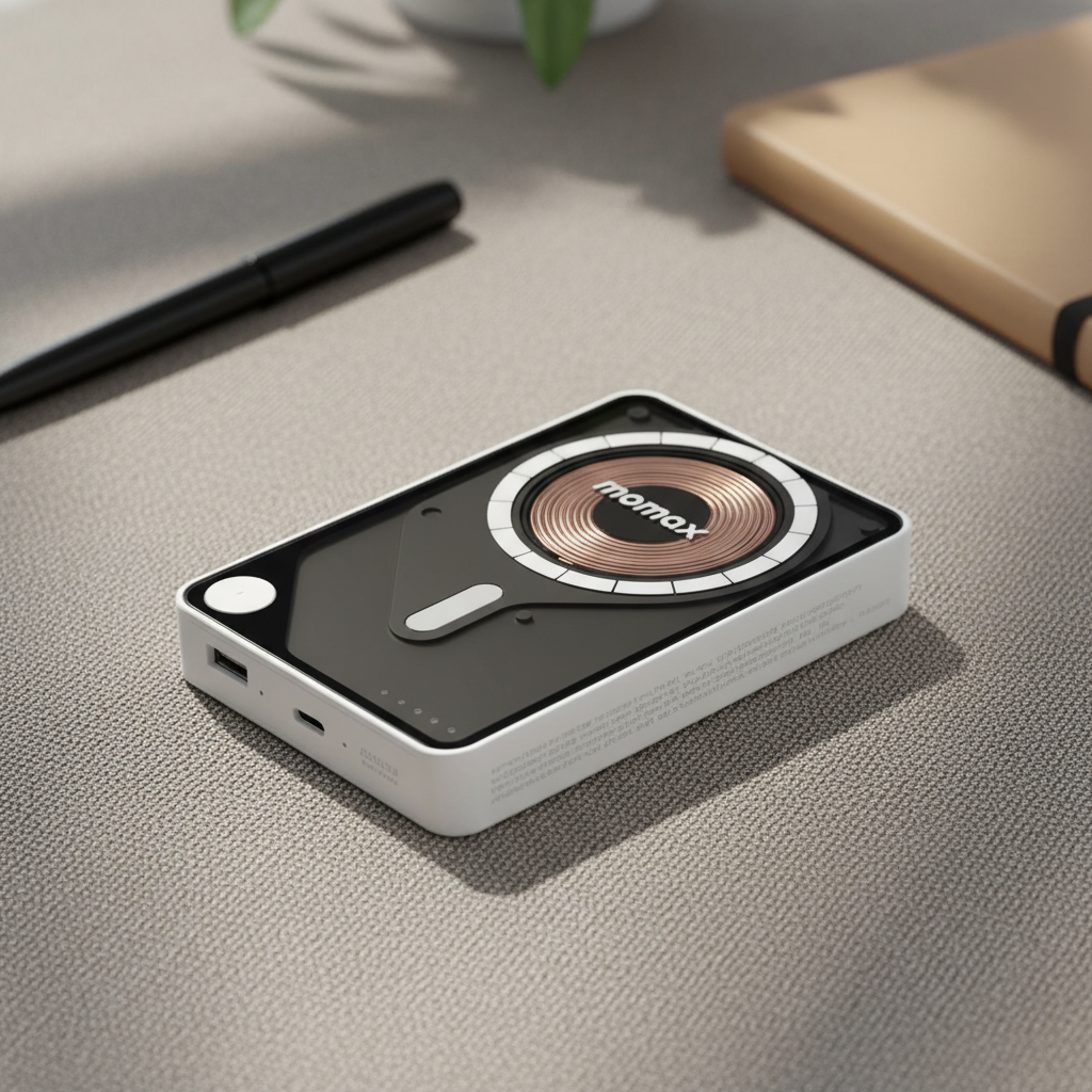 Momax 1-Power X Pro Magnetic Wireless Power Bank 5000mAh With Built-In USB-C Cable | White