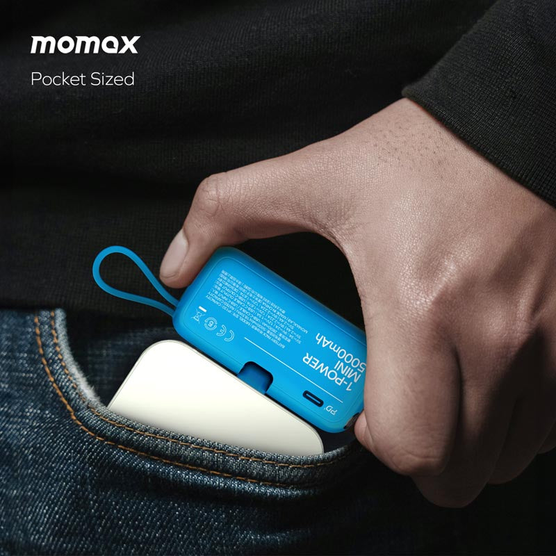 Momax 1-Power Mini 5000mAh Built-in Foldable Lightning and USB-C Power Bank | Black