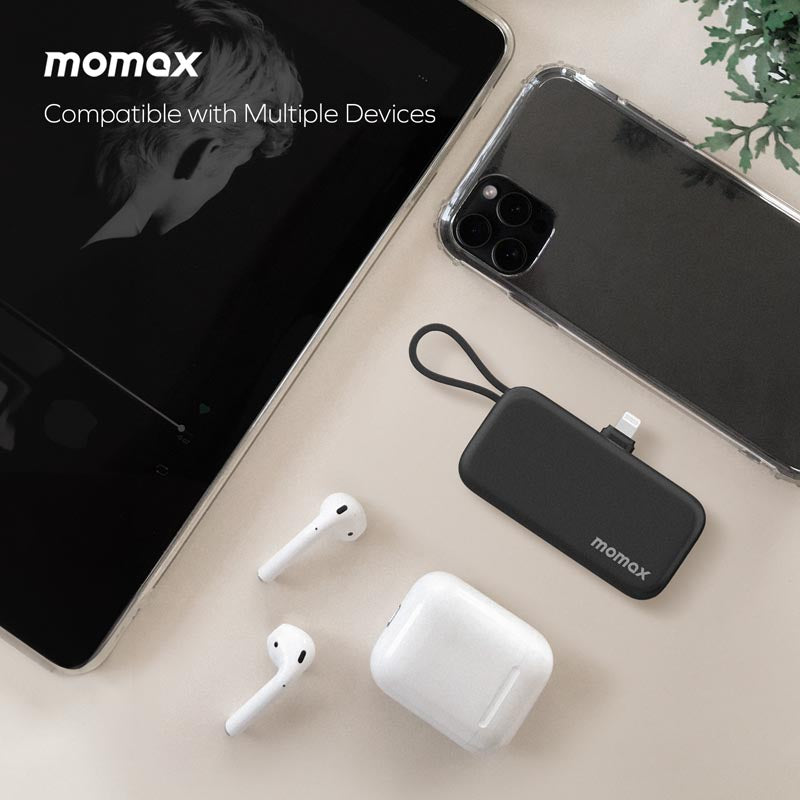 Momax 1-Power Mini 5000mAh Built-in Foldable Lightning and USB-C Power Bank | Black