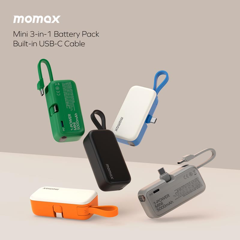 Momax 1-Power Mini 5000mAh Bulit-in foldable USB-C Battery pack Black