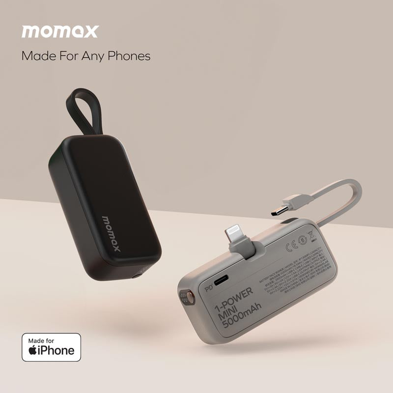 Momax 1-Power Mini 5000mAh Built-in Foldable Lightning and USB-C Power Bank | Black