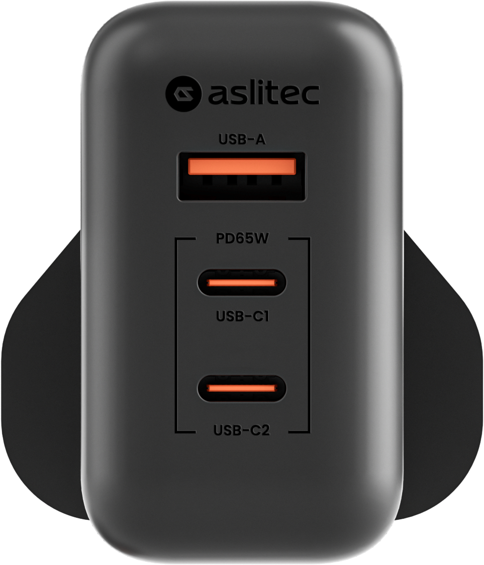 شاحن aslitec VexoraGaN بقدرة 65 واط – شاحن GaN مدمج بثلاثة منافذ USB-A وUSB-C مزدوج