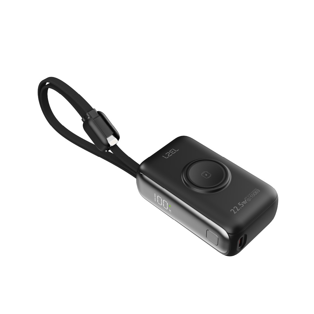 LZEL Ampflow10 Mini 10000Mah Pd Power Bank 22.5W | Built-In Type-C & Lightning Cable | Wireless Charging